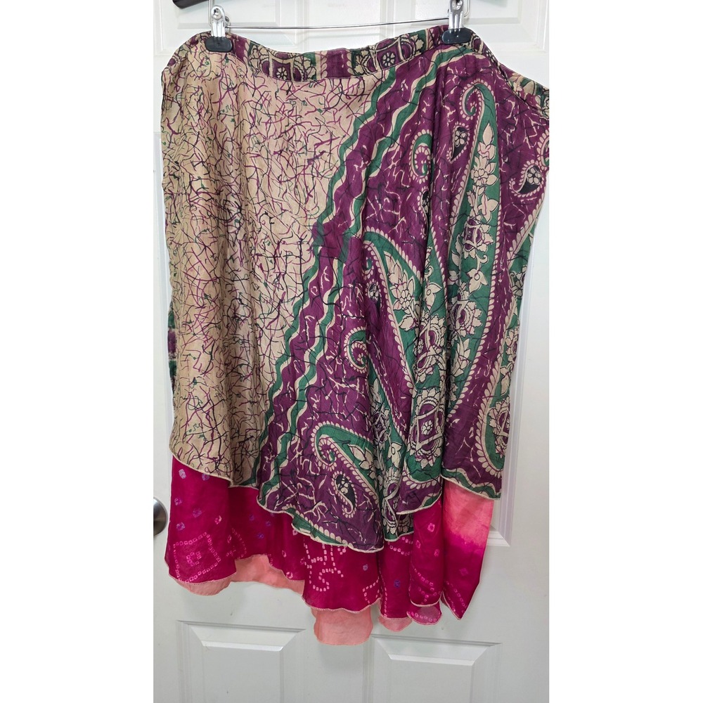 Ethnix Wrap 100% Silk Skirt‎ Womens One Size Pink Purple Paisley Reversible Boho